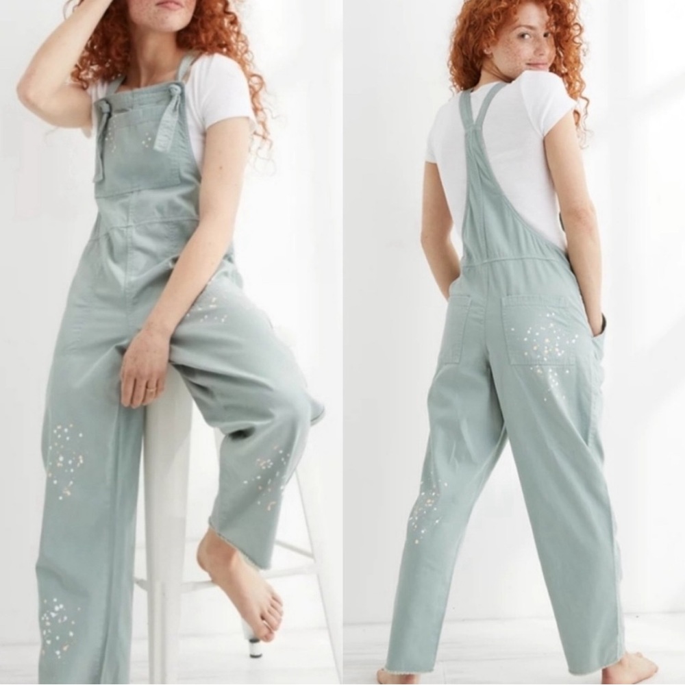 Aerie Denim Overalls Jumpsuit Sage Green Paint Splatter Pockets XS New NWT